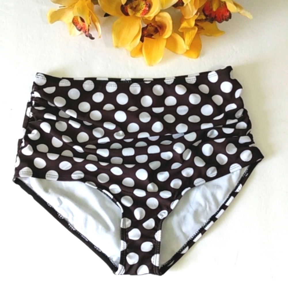 BLACK WHITE POLKADOT RUCHED HIGH-WAIST BIKINI BOTTOM SIZE MED NWOT - Picture 3 of 8